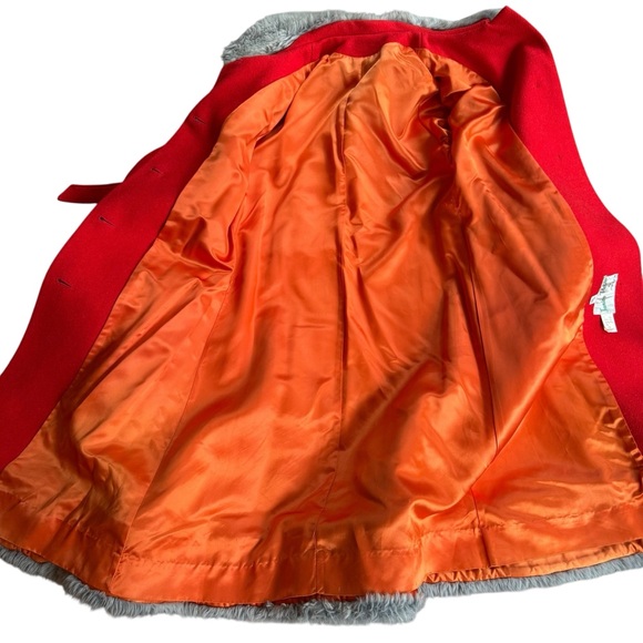 VTG 70s Coat Long Red Belted Faux Fur collar and bottom Juniors Sz 13 Holiday - Picture 5 of 10